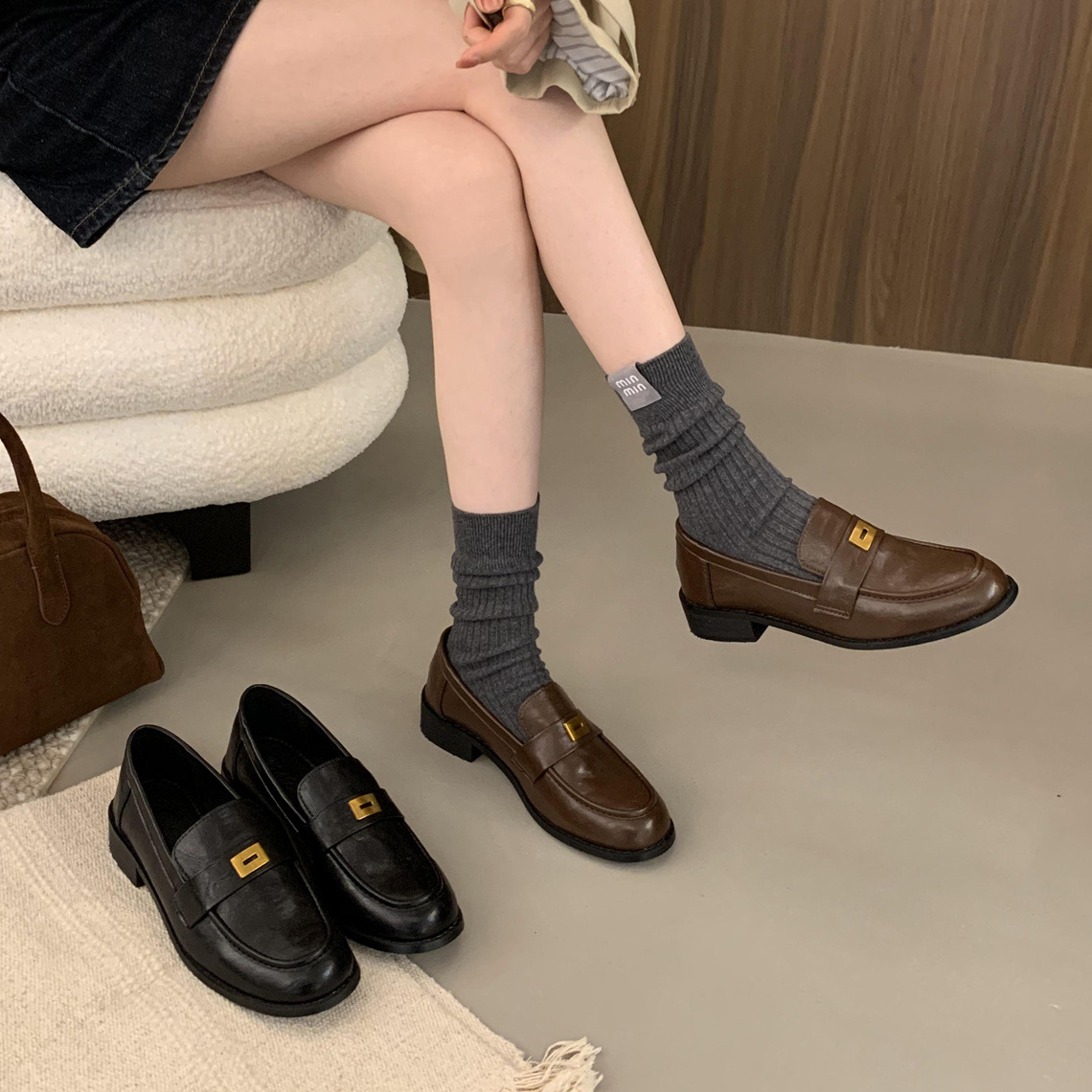 British leather shoes for women brown retro shoes for beans shoes for autumn and winter high-end single shoes thick heel women's shoes - Image 4