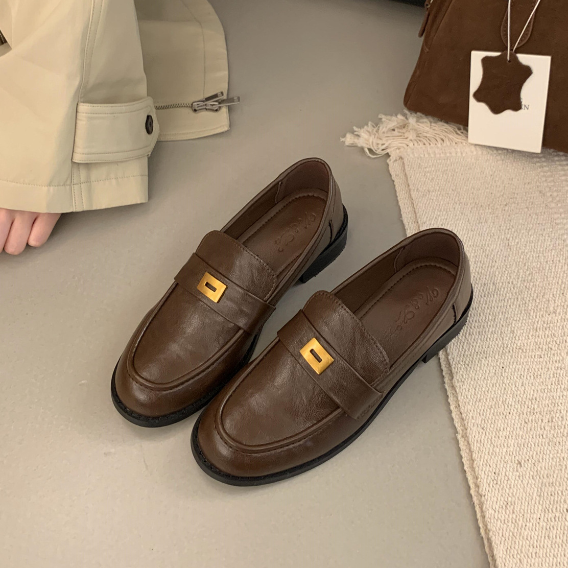 British leather shoes for women brown retro shoes for beans shoes for autumn and winter high-end single shoes thick heel women's shoes - Image 6