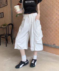 Real shot~ American high street large pocket work jeans for women with high waist loose design wide-leg cropped pants