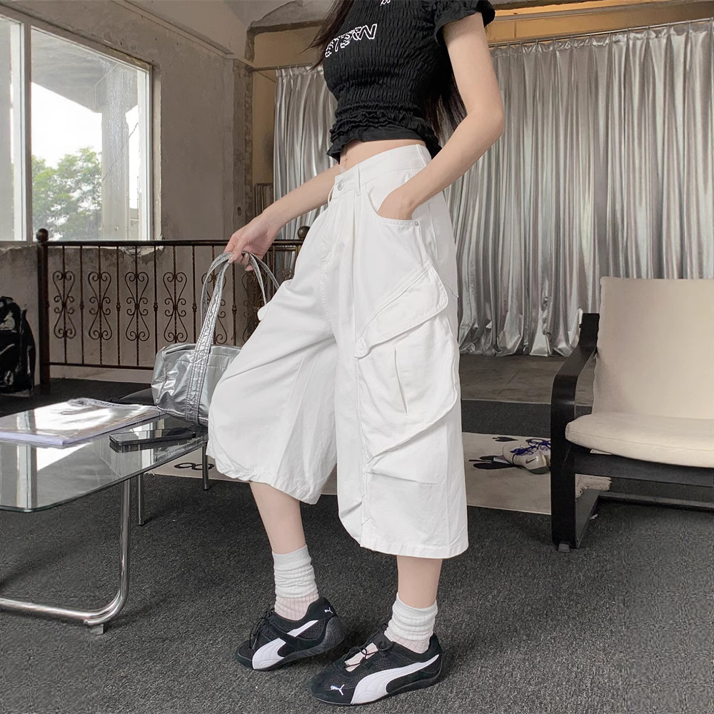 Real shot~ American high street large pocket work jeans for women with high waist loose design wide-leg cropped pants - Image 3