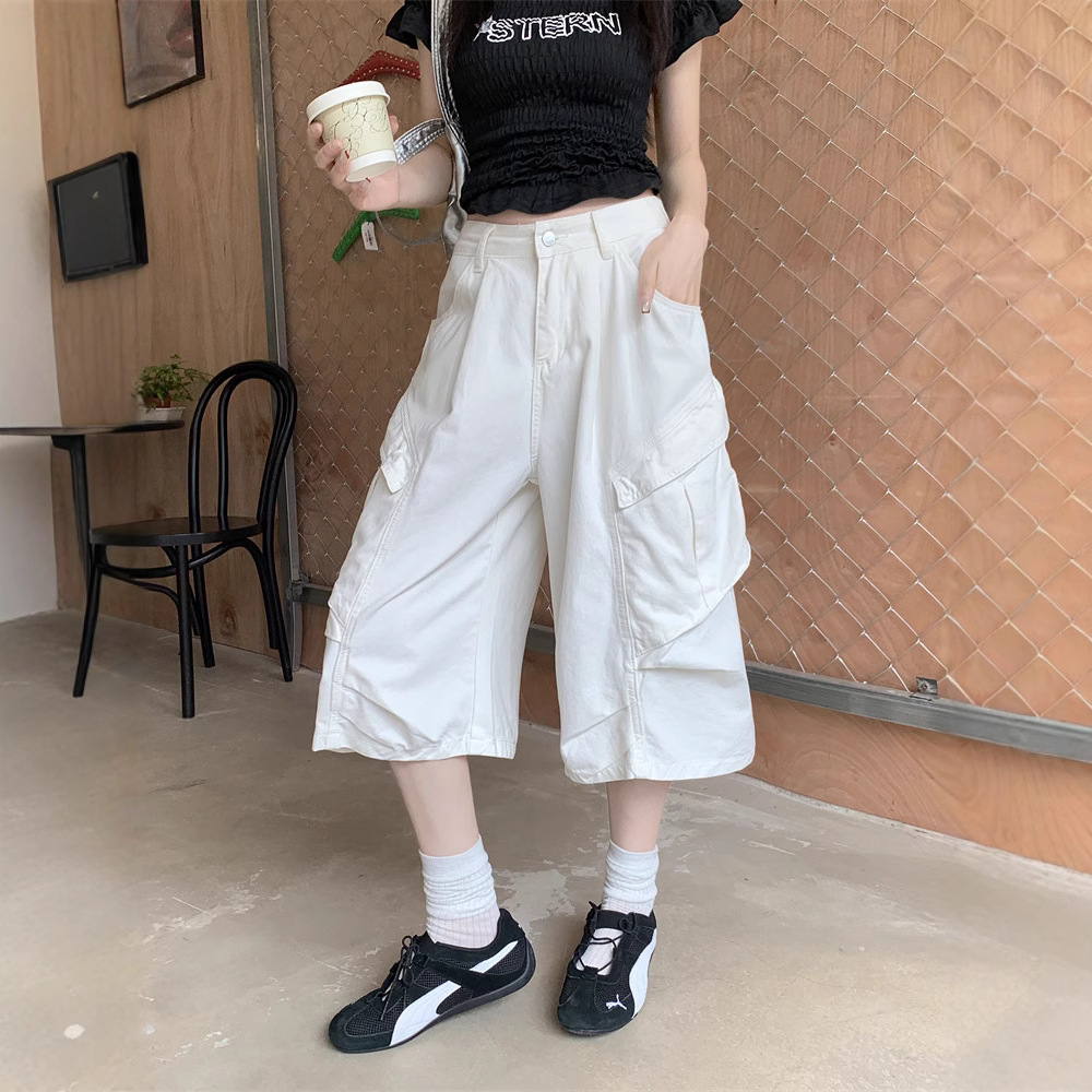 Real shot~ American high street large pocket work jeans for women with high waist loose design wide-leg cropped pants - Image 5