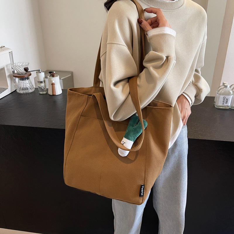 Casual large capacity canvas bag thickened and solid tote bag fashionable shoulder bag college student class commuting bag - Image 2