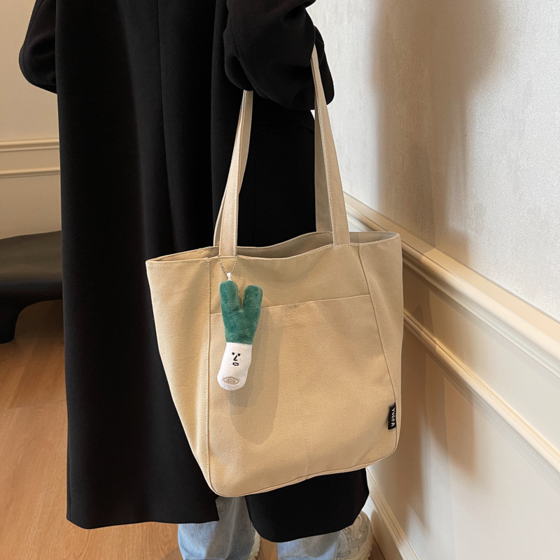 Casual large capacity canvas bag thickened and solid tote bag fashionable shoulder bag college student class commuting bag - Image 4