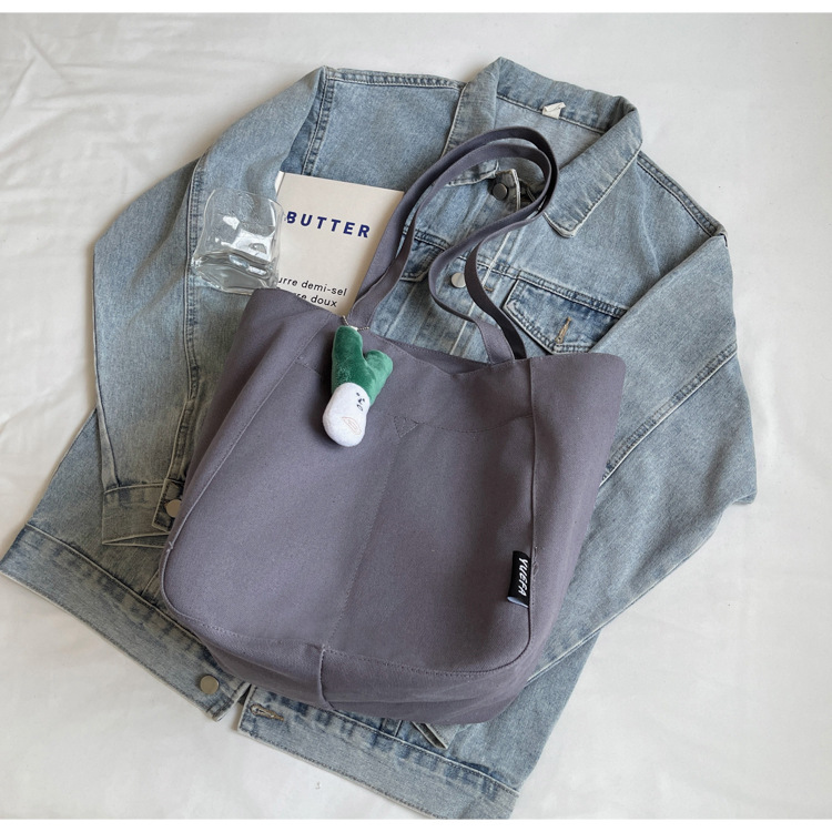 Casual large capacity canvas bag thickened and solid tote bag fashionable shoulder bag college student class commuting bag - Image 7