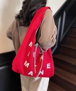 Large capacity Tote front and back double-sided striped casual one-shoulder texture embroidered canvas bag student commuting