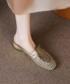 French retro square-toe hollow woven thick heel shoes for women with one foot, casual half slippers for women