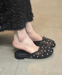 French temperament mesh hollow flat-soled slippers for women in summer wear with a pedal of water rhinestone bow and head sandals