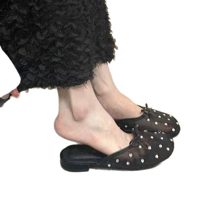 French temperament mesh hollow flat-soled slippers for women in summer wear with a pedal of water rhinestone bow and head sandals - Image 5