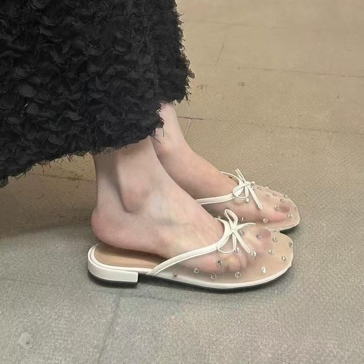 French temperament mesh hollow flat-soled slippers for women in summer wear with a pedal of water rhinestone bow and head sandals - Image 6