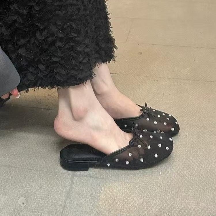 French temperament mesh hollow flat-soled slippers for women in summer wear with a pedal of water rhinestone bow and head sandals - Image 9