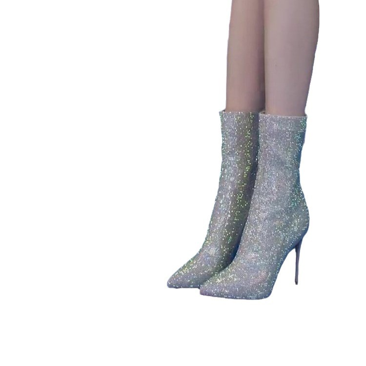 Full-diamond medium-tube high-heeled boots sexy slim single boots autumn and winter pointed short boots irregular zippered Martin boots women - Image 5