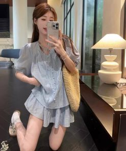 Real shot~ Summer loose and versatile short-sleeved shirt top elastic waist wide-leg short skirt casual suit