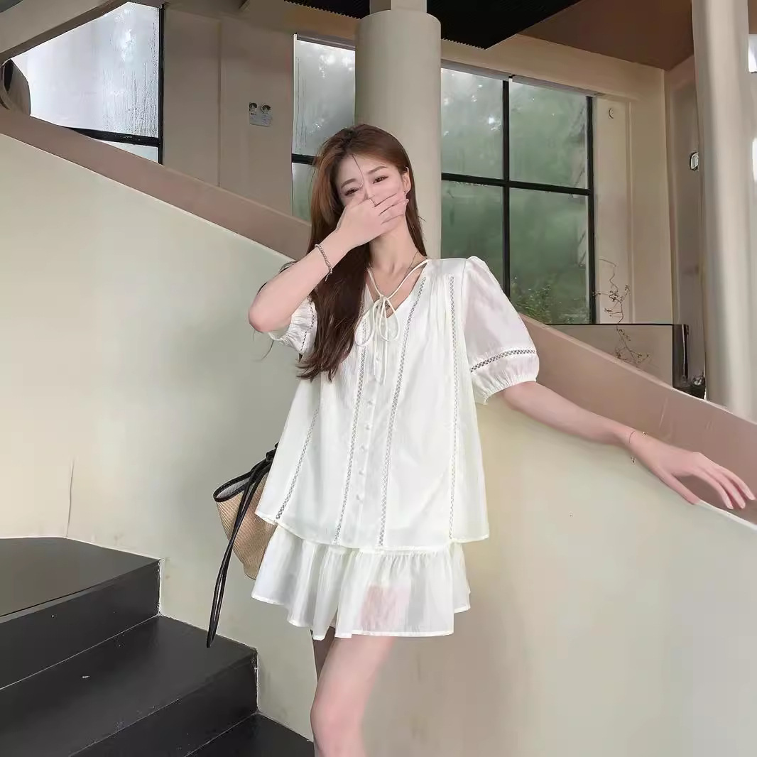 Real shot~ Summer loose and versatile short-sleeved shirt top elastic waist wide-leg short skirt casual suit - Image 2