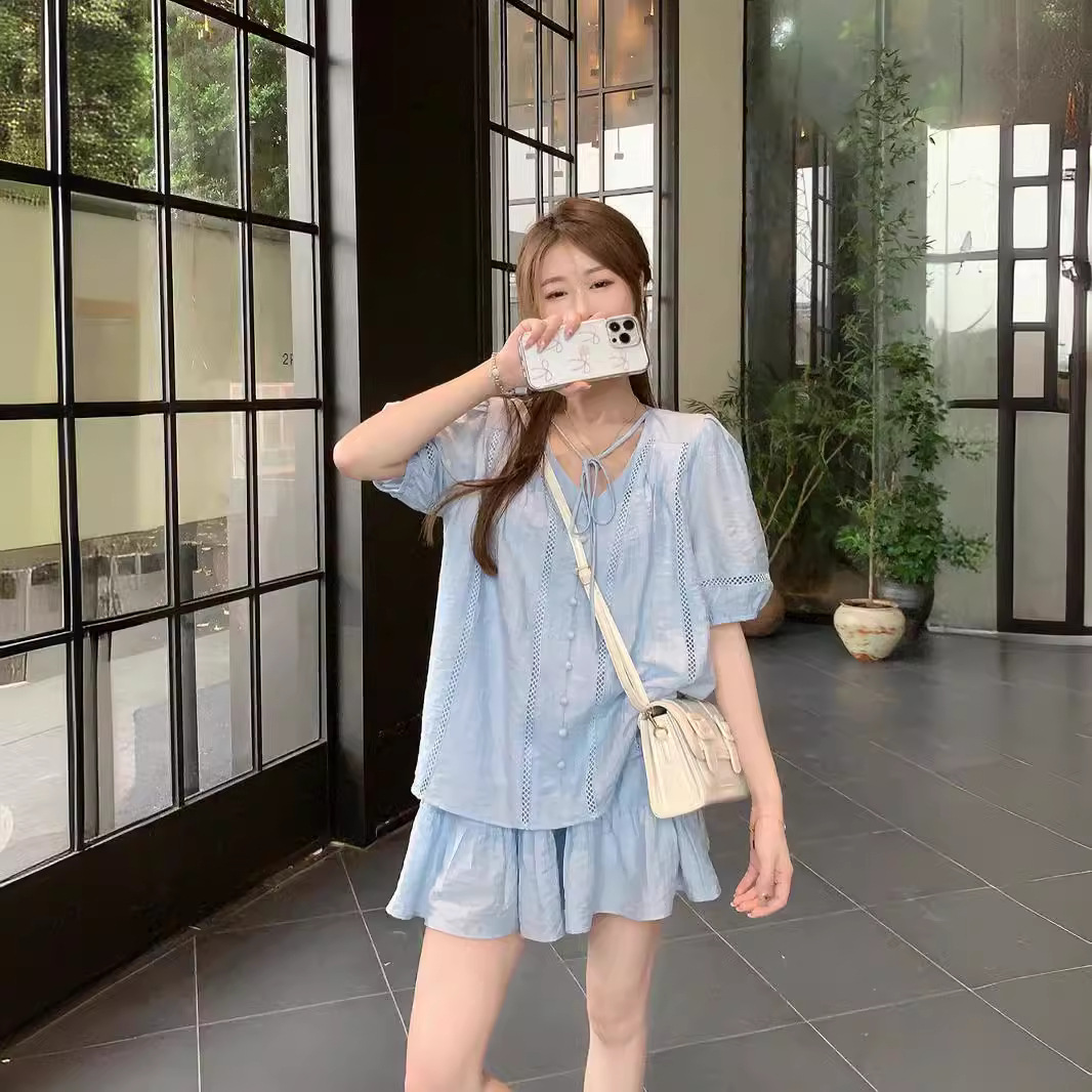 Real shot~ Summer loose and versatile short-sleeved shirt top elastic waist wide-leg short skirt casual suit - Image 5