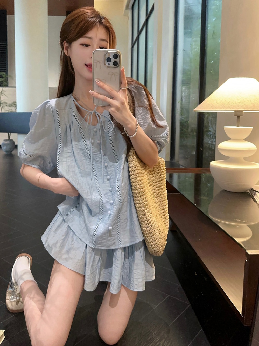 Real shot~ Summer loose and versatile short-sleeved shirt top elastic waist wide-leg short skirt casual suit - Image 6