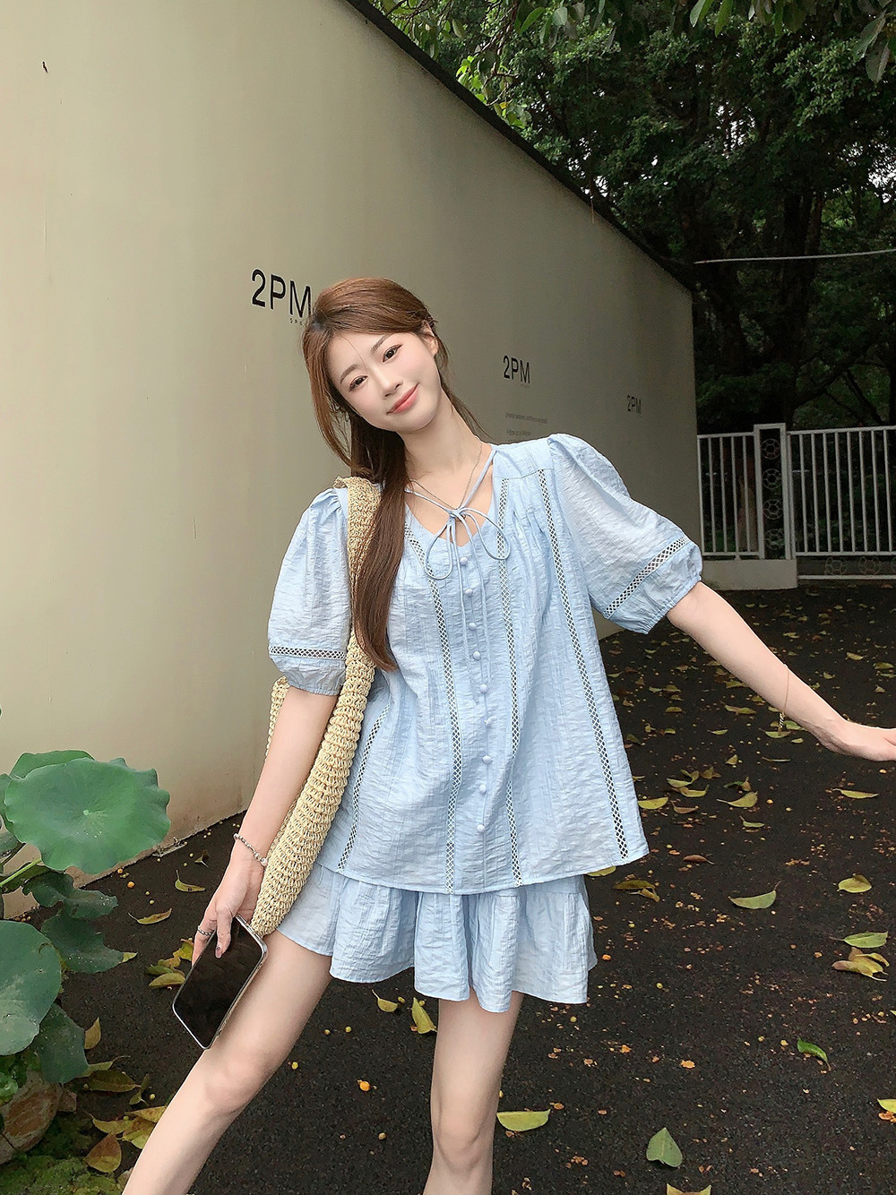 Real shot~ Summer loose and versatile short-sleeved shirt top elastic waist wide-leg short skirt casual suit - Image 7