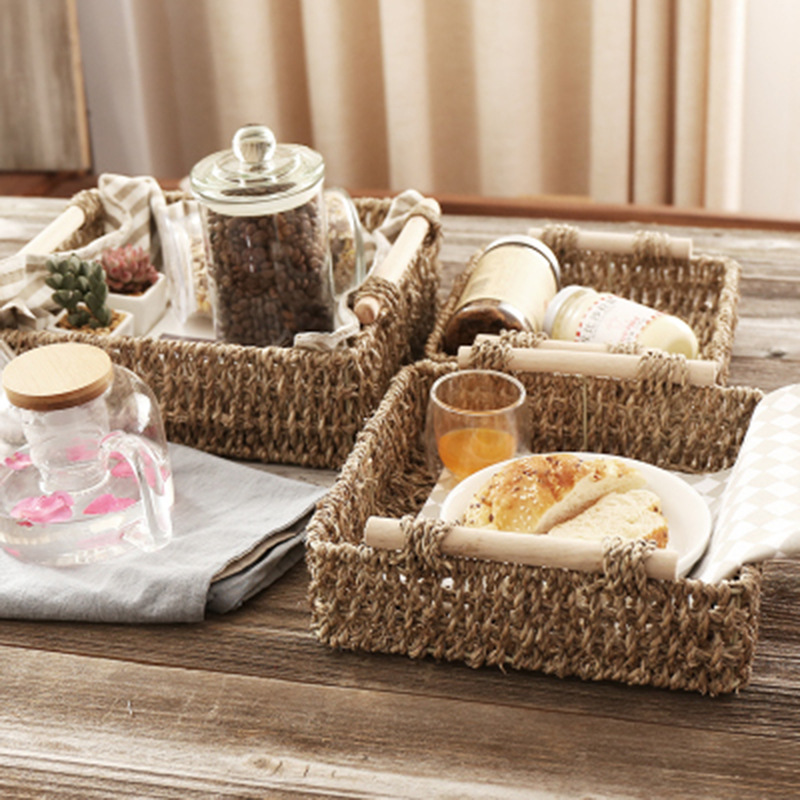 Japanese straw wood handle desktop storage basket storage box bathroom cosmetics seaweed storage snack basket - Image 4
