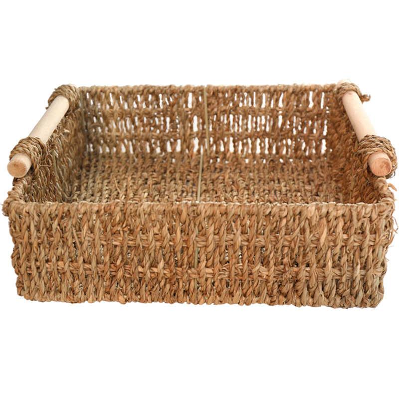 Japanese straw wood handle desktop storage basket storage box bathroom cosmetics seaweed storage snack basket - Image 3