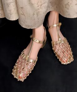 Hollow mesh gold thick heel sandals for women in summer French simple niche design bag-to-head one-liner shoes
