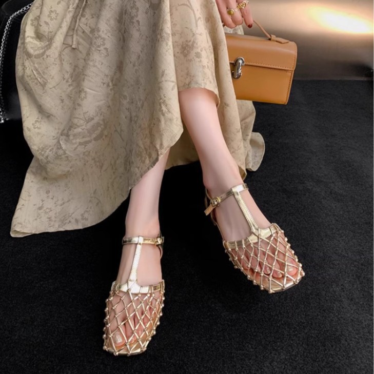 Hollow mesh gold thick heel sandals for women in summer French simple niche design bag-to-head one-liner shoes - Image 2