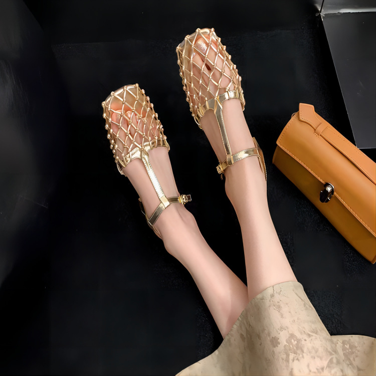 Hollow mesh gold thick heel sandals for women in summer French simple niche design bag-to-head one-liner shoes - Image 3