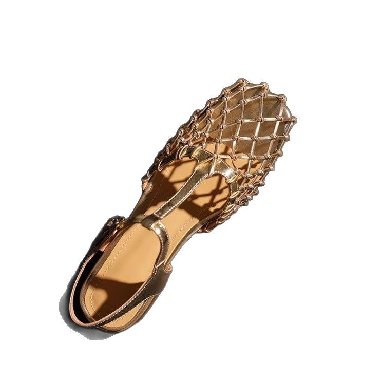 Hollow mesh gold thick heel sandals for women in summer French simple niche design bag-to-head one-liner shoes - Image 5