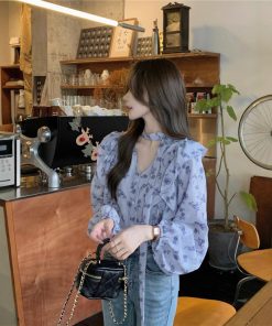 Real photo of early spring French mature style versatile collar shirt single-breasted ruffled lace-up printed top for women