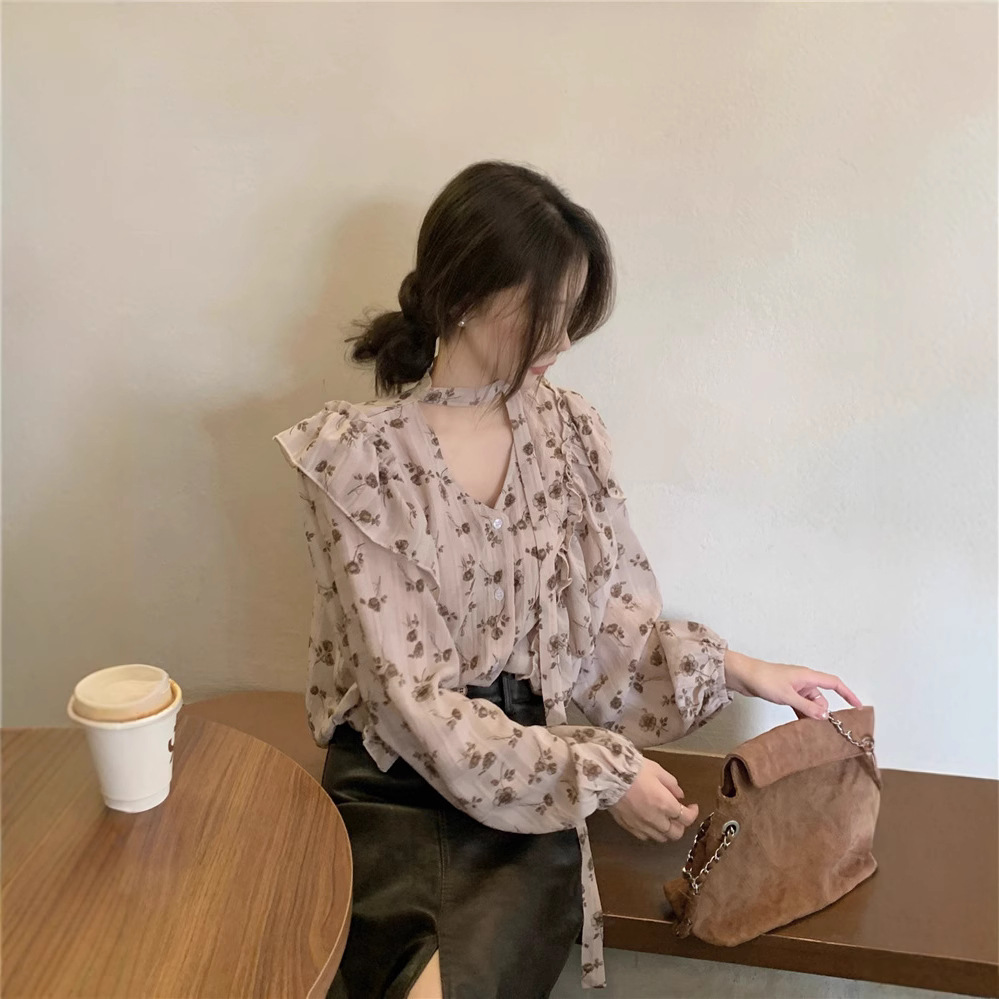 Real photo of early spring French mature style versatile collar shirt single-breasted ruffled lace-up printed top for women - Image 2