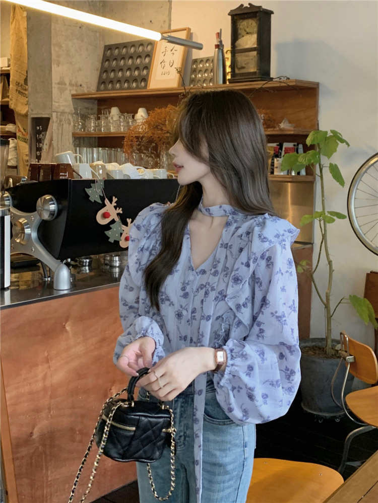 Real photo of early spring French mature style versatile collar shirt single-breasted ruffled lace-up printed top for women - Image 8