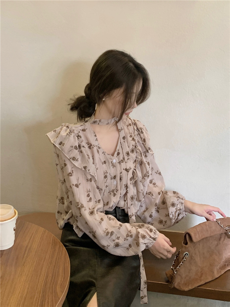 Real photo of early spring French mature style versatile collar shirt single-breasted ruffled lace-up printed top for women - Image 9