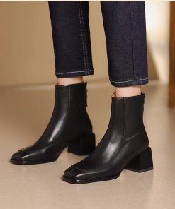 French retro square toe simple short boots for women summer and autumn soft leather thick heel Martin boots for women fashion nude boots for women
