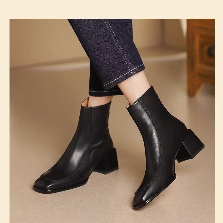 French retro square toe simple short boots for women summer and autumn soft leather thick heel Martin boots for women fashion nude boots for women - Image 2