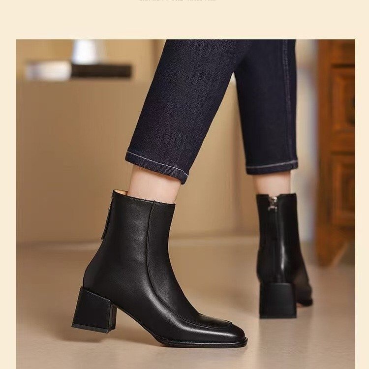 French retro square toe simple short boots for women summer and autumn soft leather thick heel Martin boots for women fashion nude boots for women - Image 4