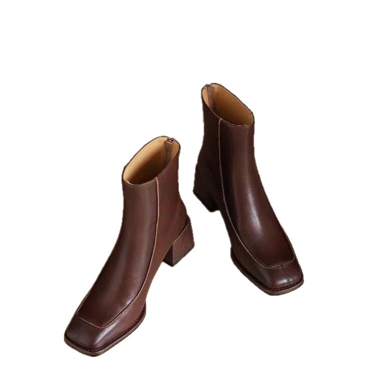 French retro square toe simple short boots for women summer and autumn soft leather thick heel Martin boots for women fashion nude boots for women - Image 5