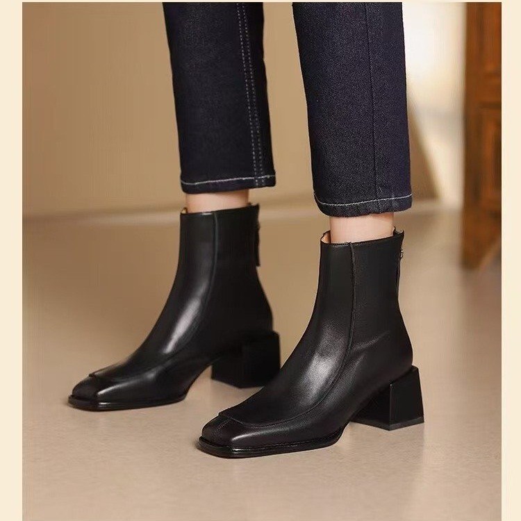 French retro square toe simple short boots for women summer and autumn soft leather thick heel Martin boots for women fashion nude boots for women - Image 8