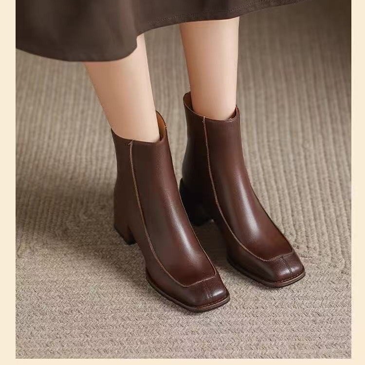 French retro square toe simple short boots for women summer and autumn soft leather thick heel Martin boots for women fashion nude boots for women - Image 9