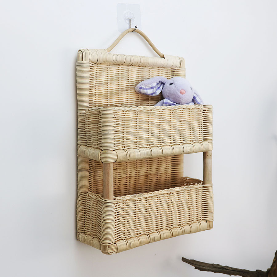 Fengtie woven wall-mounted storage basket B&B Decoration storage basket Hand-woven storage box Solid wood double-layer storage basket - Image 2