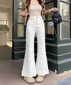 Real shot~Spring light-flat wide-leg jeans for women with high waist slim fit and stretchy flared trousers
