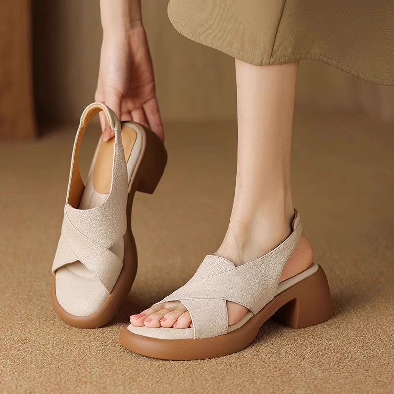 Feeling of stinging ~ French minimalist small soft leather crossed with round toe simple shoes thick sole thick heels open-toe sandals for women - Image 2
