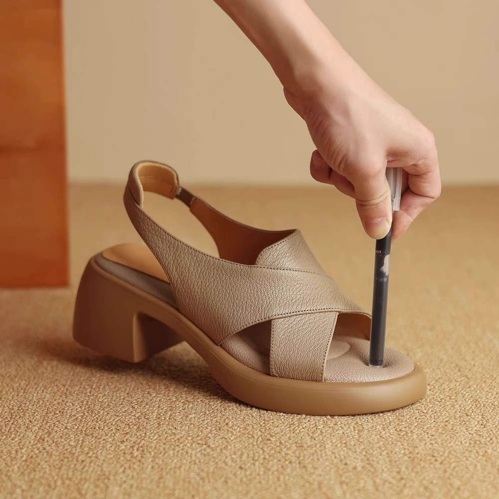 Feeling of stinging ~ French minimalist small soft leather crossed with round toe simple shoes thick sole thick heels open-toe sandals for women - Image 3