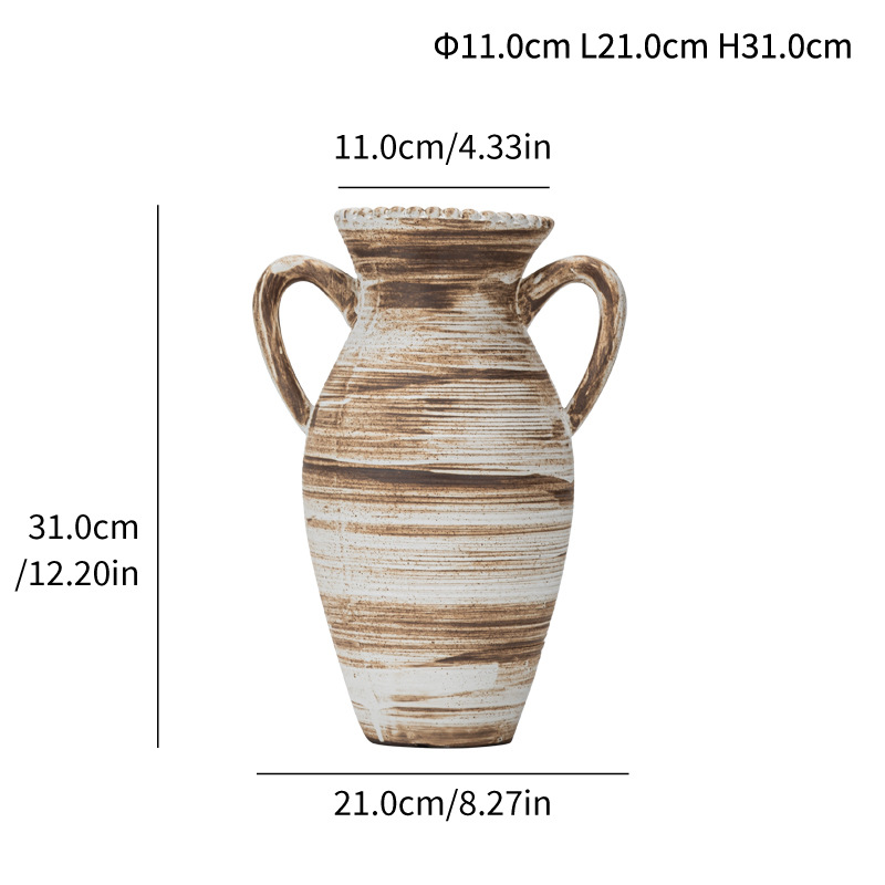 Simple Wasabi style stone pottery double-eared round pattern ceramic vase high-end light luxury home soft decoration ornaments - Image 5