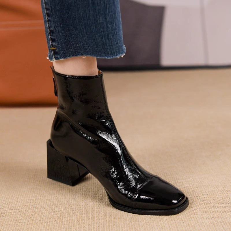 Chelsea short boots patent leather Martin boots for women's square toe thick heels single boots slim short tube high heel boots - Image 2