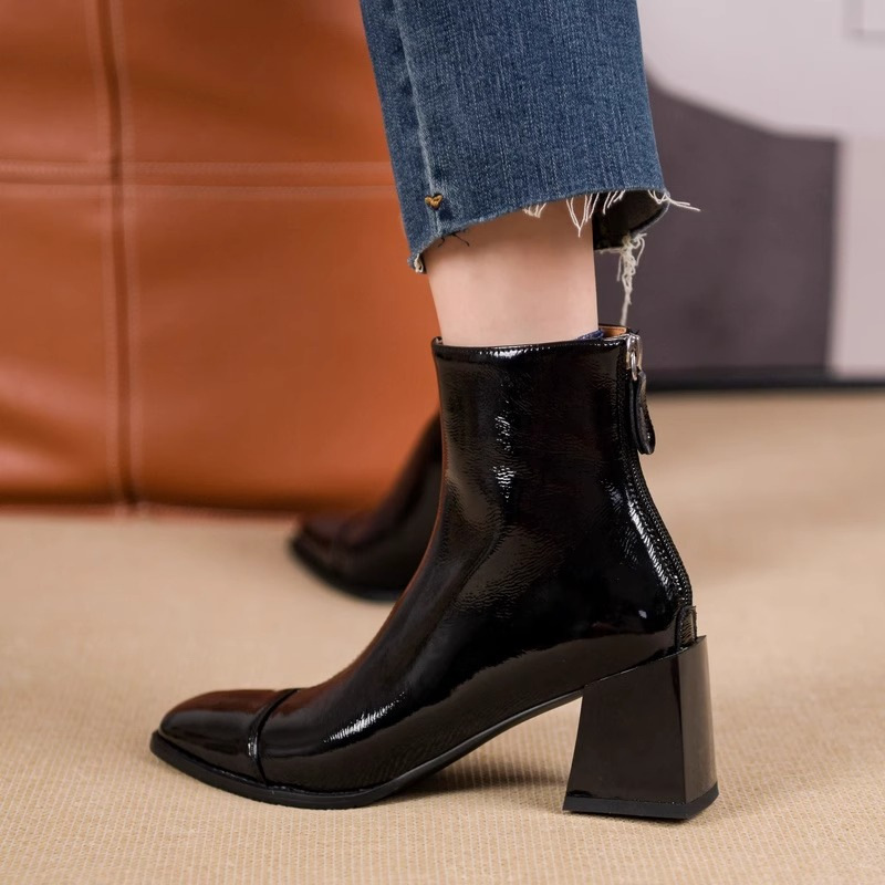 Chelsea short boots patent leather Martin boots for women's square toe thick heels single boots slim short tube high heel boots - Image 4