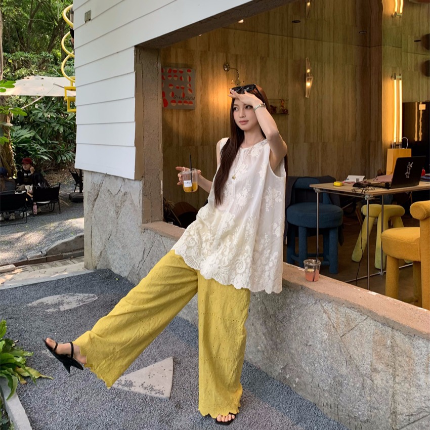 Real photo Korean summer loose slim lace top elastic waist lace pants casual fashion suit for women - Image 5