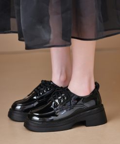 French retro British style small leather shoes for women in spring and autumn thick sole summer and autumn black lace-up shoes