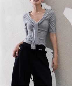 / Original perception Tennis tied knots to make you look slim and waist-hugging half-sleeved/sleeved shirt top