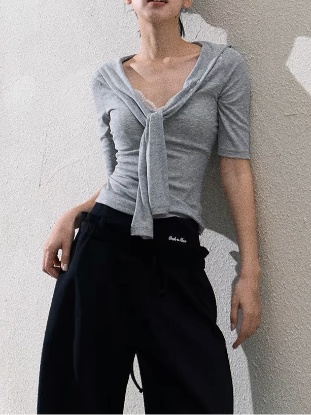 / Original perception Tennis tied knots to make you look slim and waist-hugging half-sleeved/sleeved shirt top - Image 6