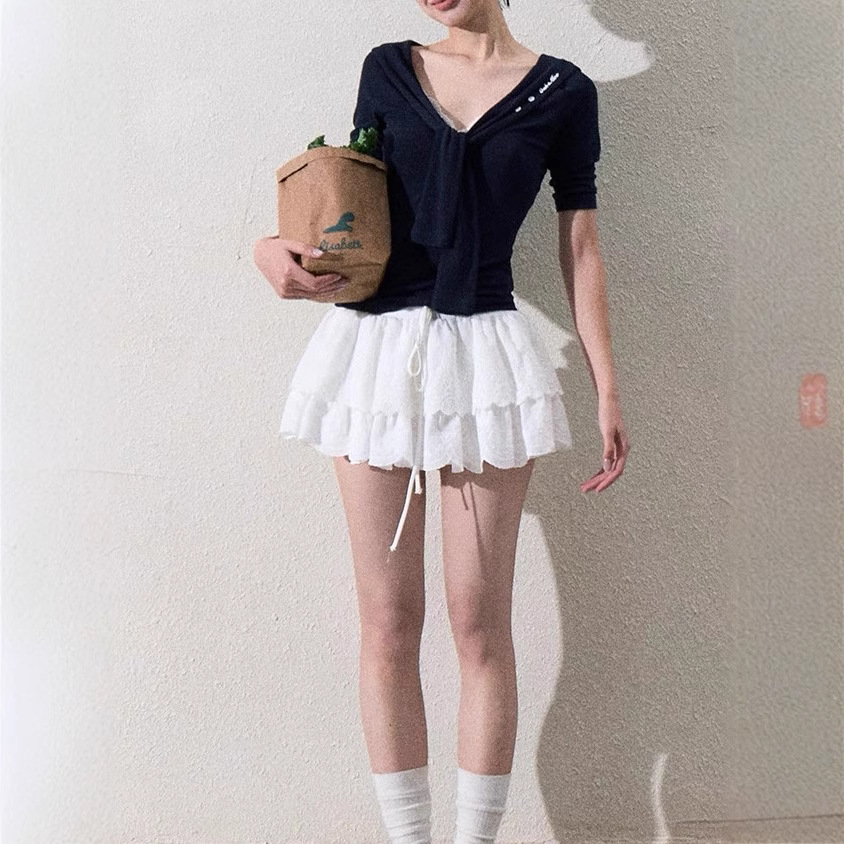 / Original perception Tennis tied knots to make you look slim and waist-hugging half-sleeved/sleeved shirt top - Image 10