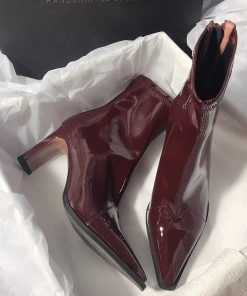 High-heeled pointed toe short boots Year autumn and winter thin heel spliced ​​nude boots thin boots retro brown short boots