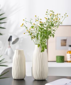 Simple beige matte glaze striped floral vase